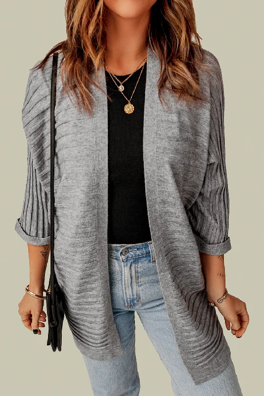 Grey Textured Ribbed Open Front Knit Cardigans