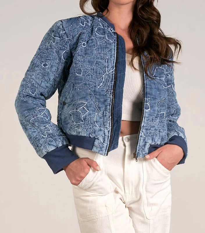 Floral Quilted Bomber In Blue