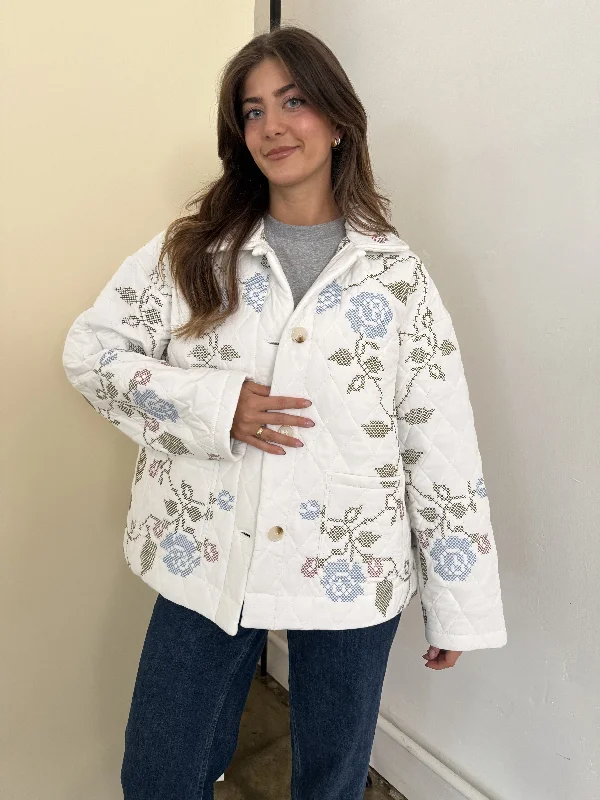 Lucy White Embroidered Quilted Jacket