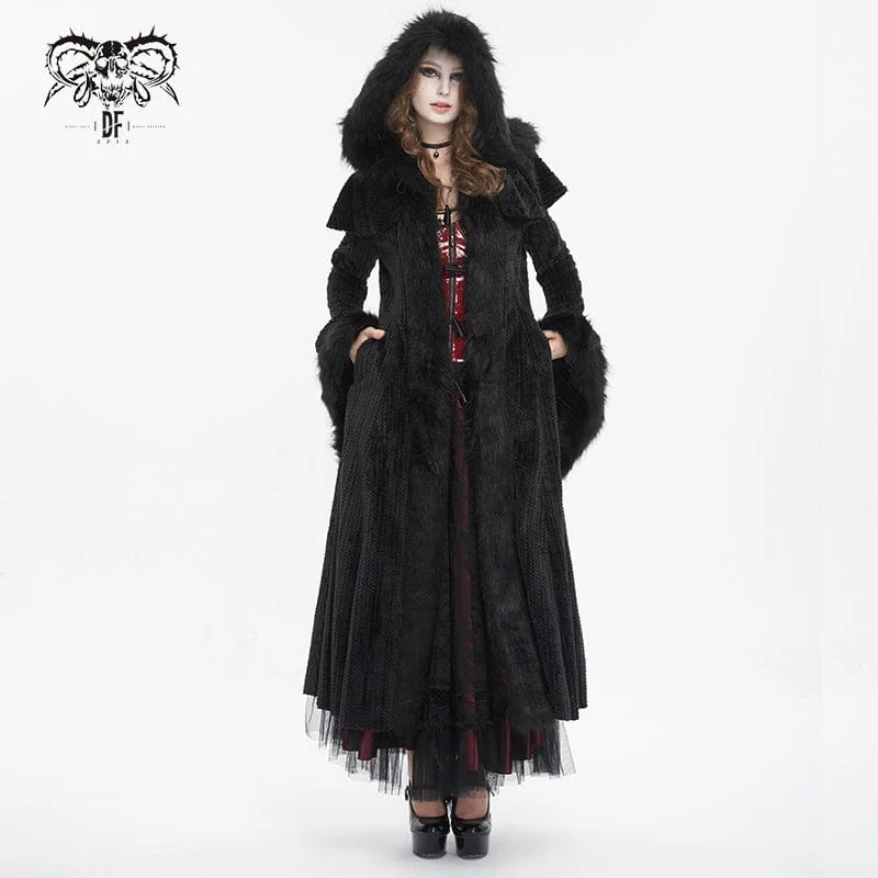 Women's Gothic Flared Sleeved Fluffy Coat with Hood