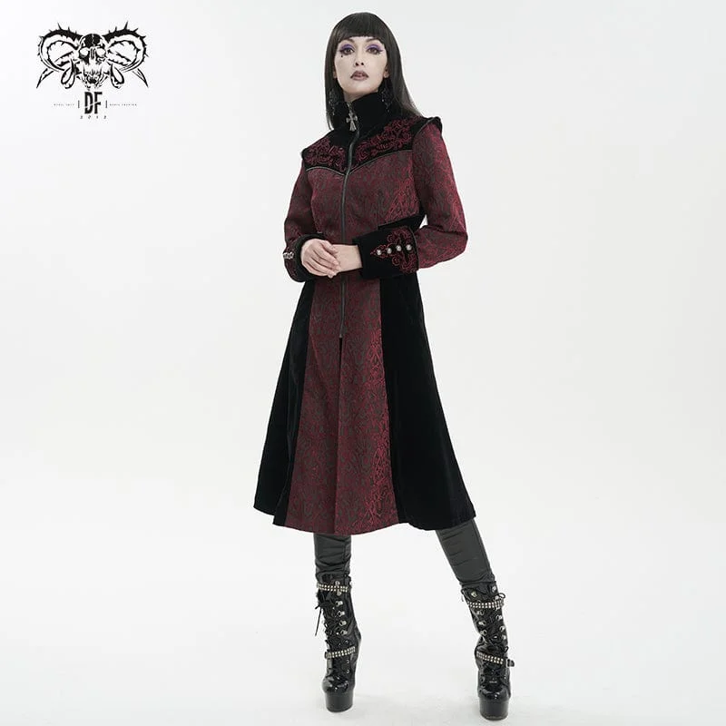 Women's Gothic Stand Collar Floral Embroidered Coat Red