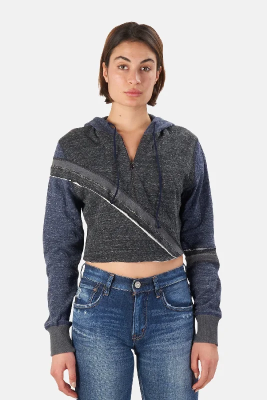 Distressed Patchwork 1/4 Zip Crop Hoodie Navy/Charcoal