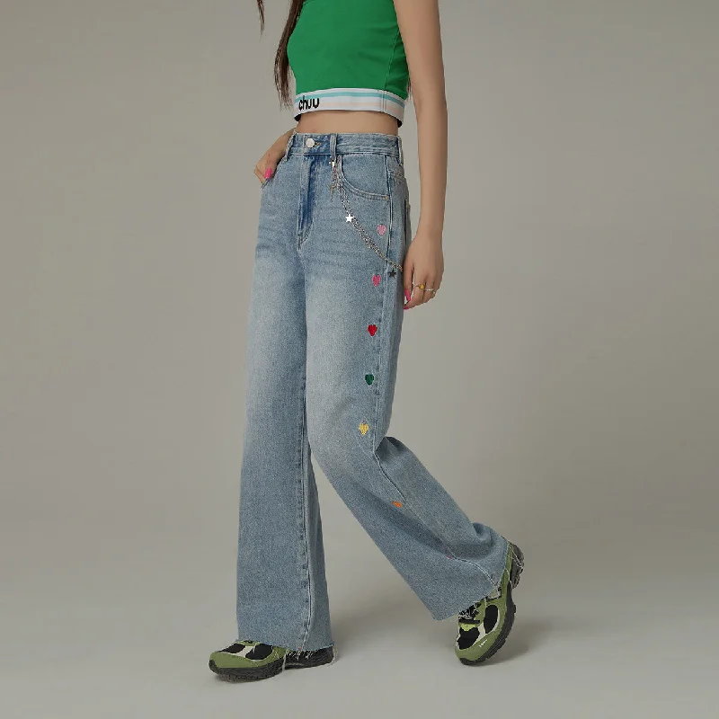 Colorful Heart Embroidered Denim Straight Wide Jeans