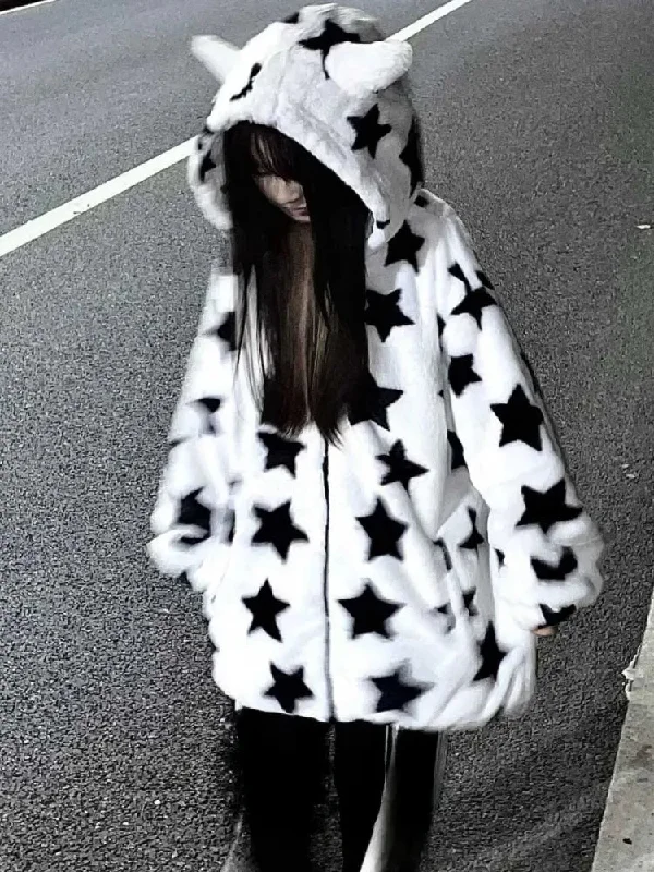 Fuzzy Star Oversized Zip Up Hoodie