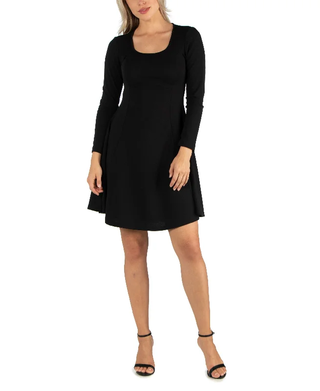 24seven Comfort Apparel Womens Simple Long Sleeve Knee Length Flared Dress