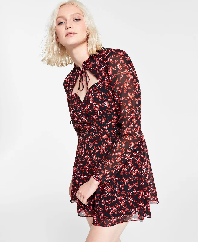 Bar III Floral Print Tie Neck Mini Dress