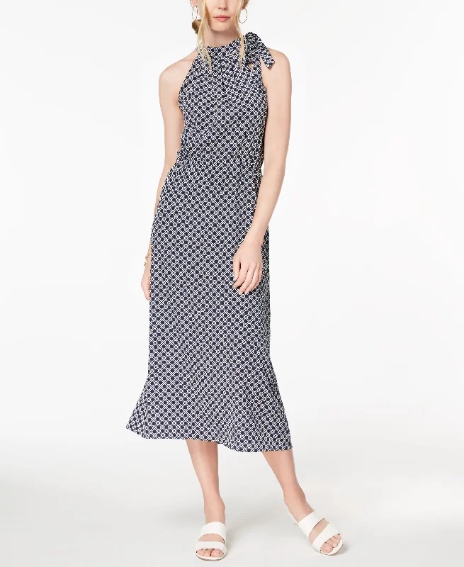 Maison Jules Printed Tie Neck Midi Dress