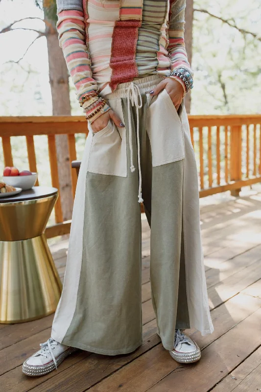 The Nest Breeze Lounge Wide Leg Pants - Olive Ivory