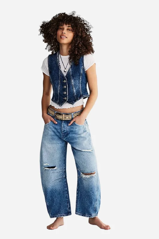 Free People Lucky You Mid Rise Barrel Jeans in Barnyard Blue