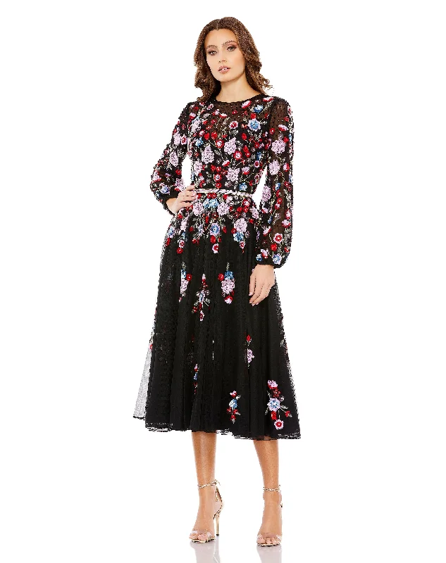 Mac Duggal 5712 Sequined Floral High Neck Puff Sleeve Cocktail Dress