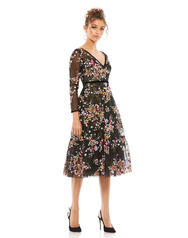 Mac Duggal 67499 Black Floral Embroidered Tea Length Dress