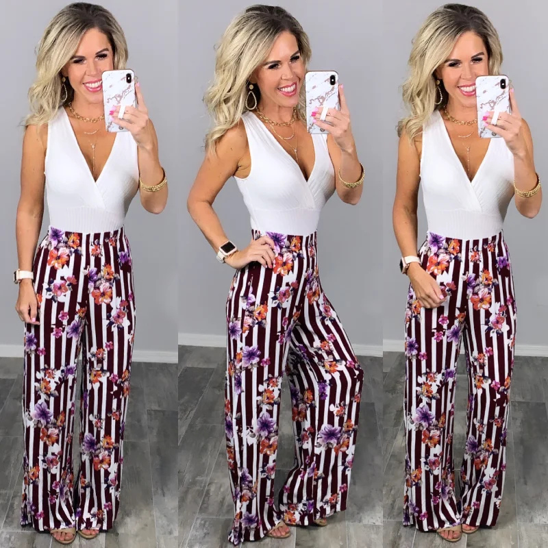 Striped with Floral Pants - Burgundy