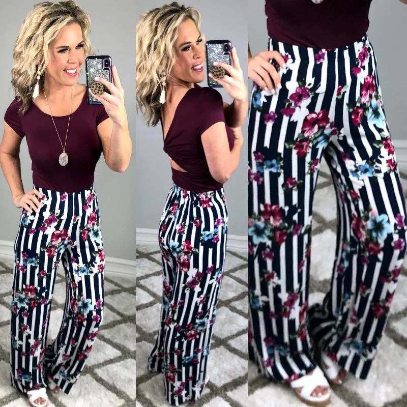 Striped with Floral Pants - Navy