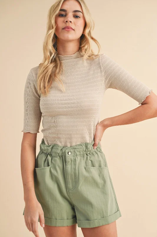 Beige Lettuce Trim Mock Neck Top