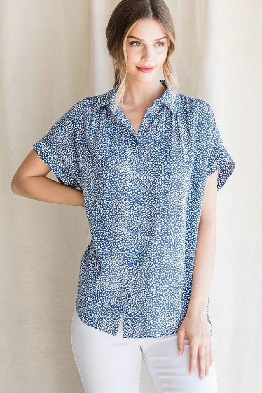 Blue Print Collared Button Up Top