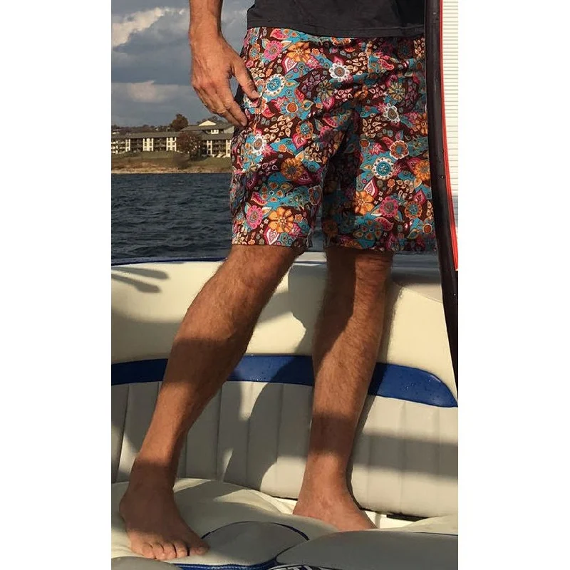 **Fixed (Non Elastic) Waist Board Shorts "Carnival" (Brown) Print Men's CUSTOM