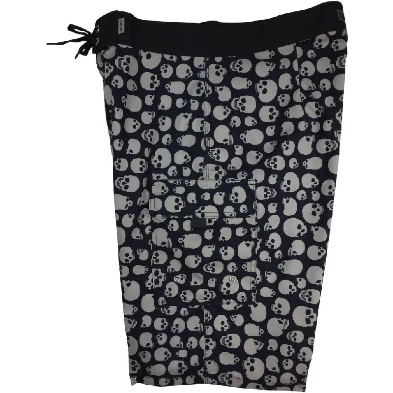 **Fixed (Non Elastic) Waist Board Shorts "Live to Ride" Skulls (Black + Charcoal) Print Mens CUSTOM