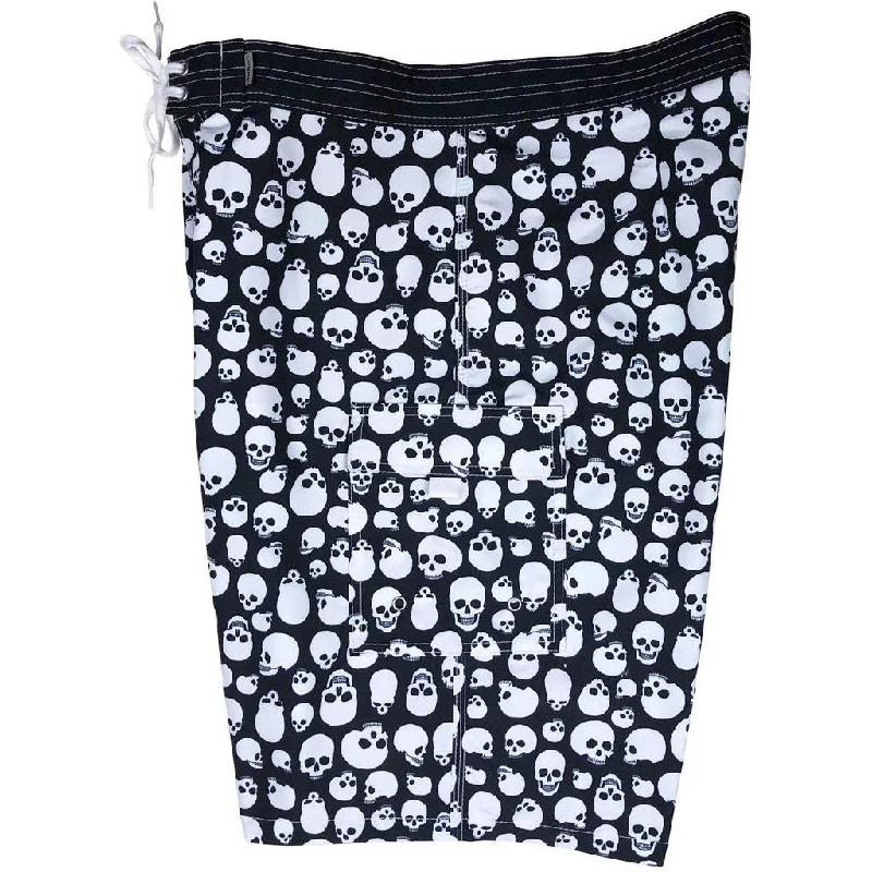 **Fixed (Non Elastic) Waist Board Shorts "Live to Ride" Skulls (Black + White) Print Mens CUSTOM