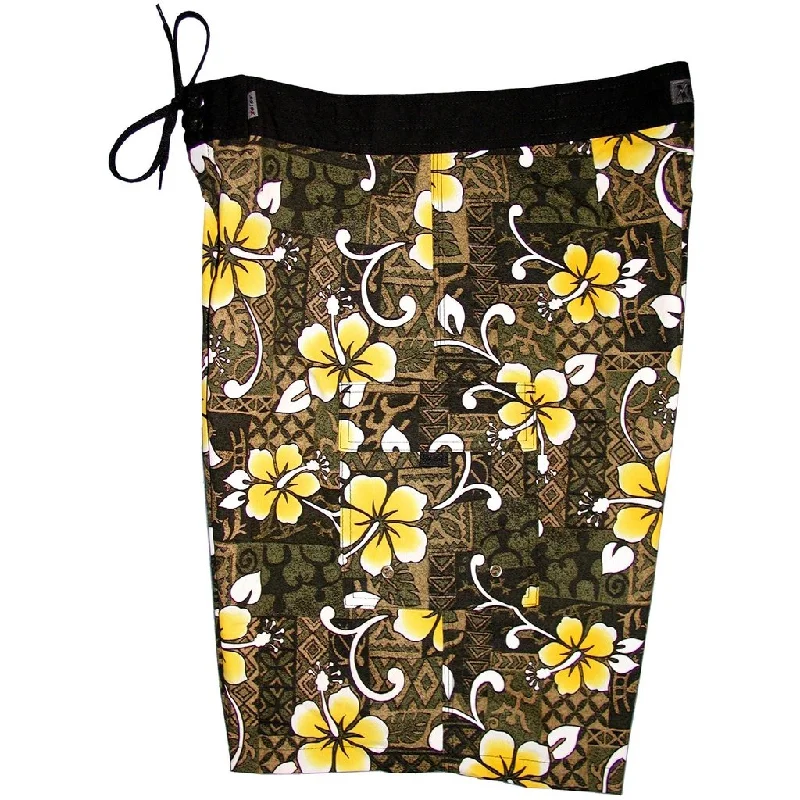 **Fixed (Non Elastic) Waist Board Shorts "Top Dog" (Olive) Print Men's CUSTOM