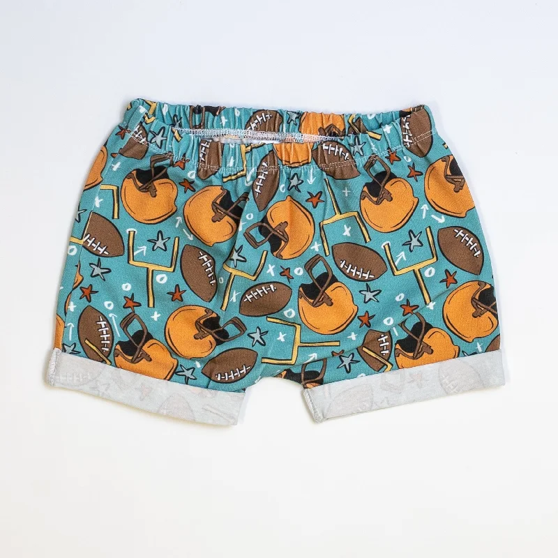 Footballs on Teal Rolled Hem Shorts