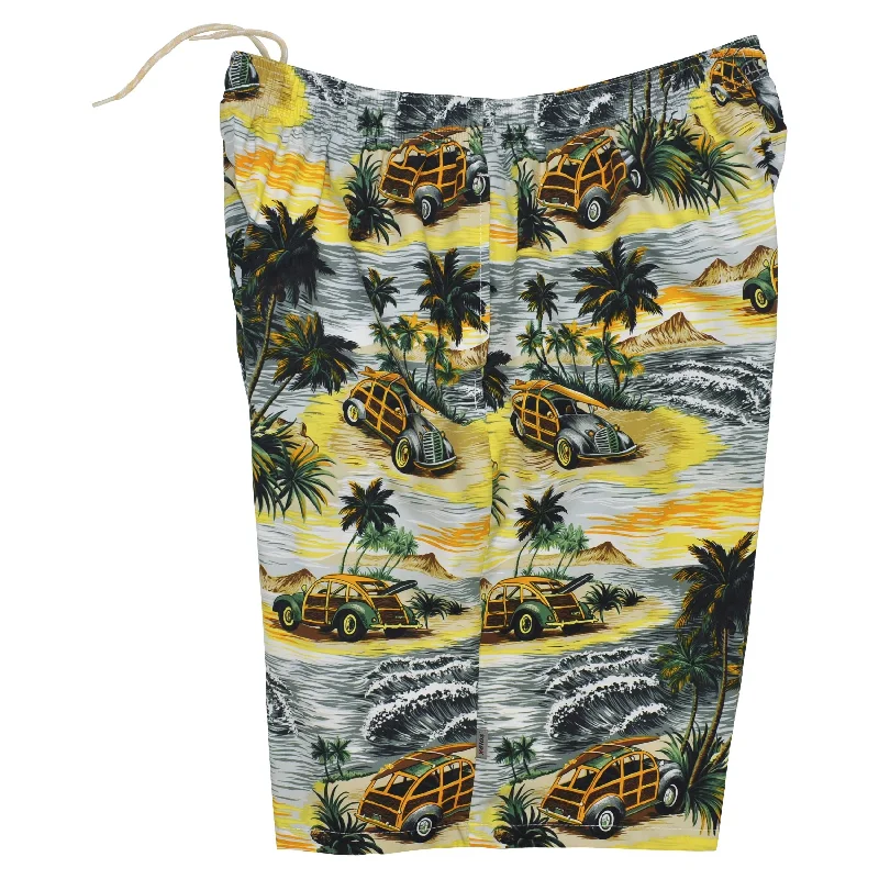 "Getaway Car" (Charcoal) Woodys Men's Elastic Waist Board Shorts w/ on-seam Pockets (Select Custom Outseam 18" - 28")