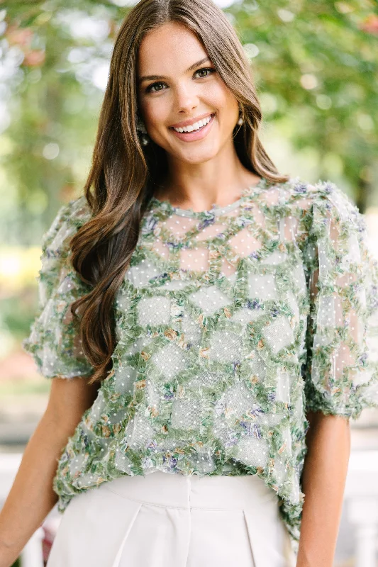 Meet In The Garden Olive Green Textured Floral Blouse