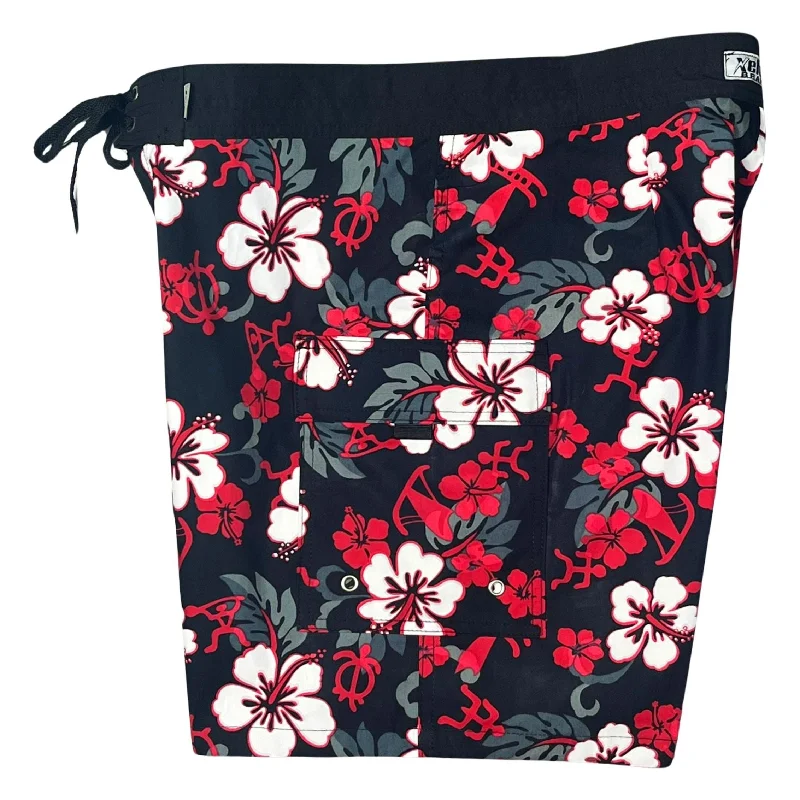 "Memory Lane" (Black) 100% COTTON Mens Board Shorts w/ Dual Cargo Pockets.  17.5" Outseam / 5" Inseam